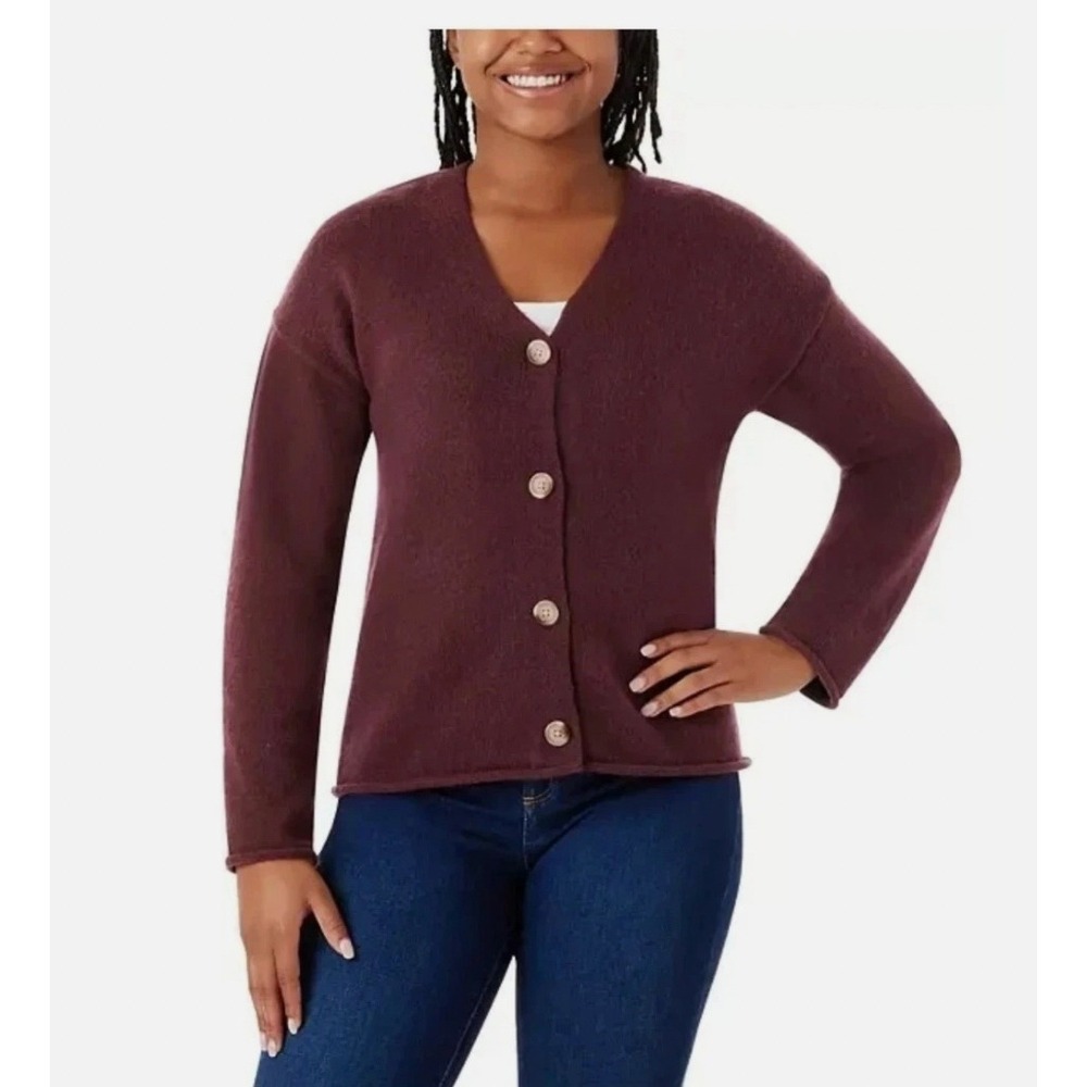 Members Mark Women Burgundy V-Neck Cardigan Relaxed Fit Soft Knit Sweater Medium
